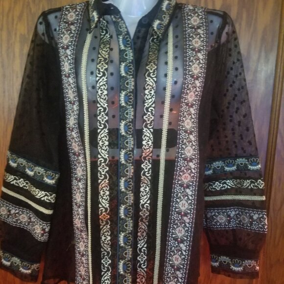 Chico’s Sheer Polka Dot Tulle Button Front Shirt Ribbon Trim Black  Sz OOp - Picture 4 of 5